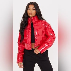 Women’s red vinyl, puffer jacket
